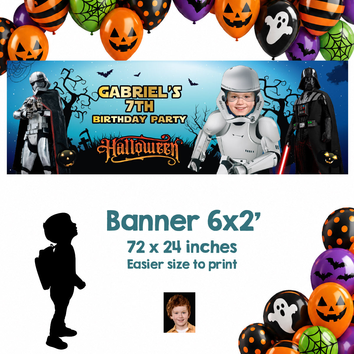 Personalized Stormtrooper Halloween Banner featuring Birthday Child as the Droid (Horizontal orientation). 2508BBH4