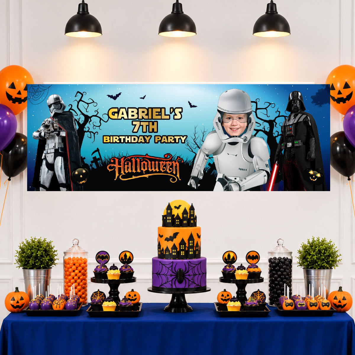 Personalized Stormtrooper Halloween Banner featuring Birthday Child as the Droid (Horizontal orientation). 2508BBH4
