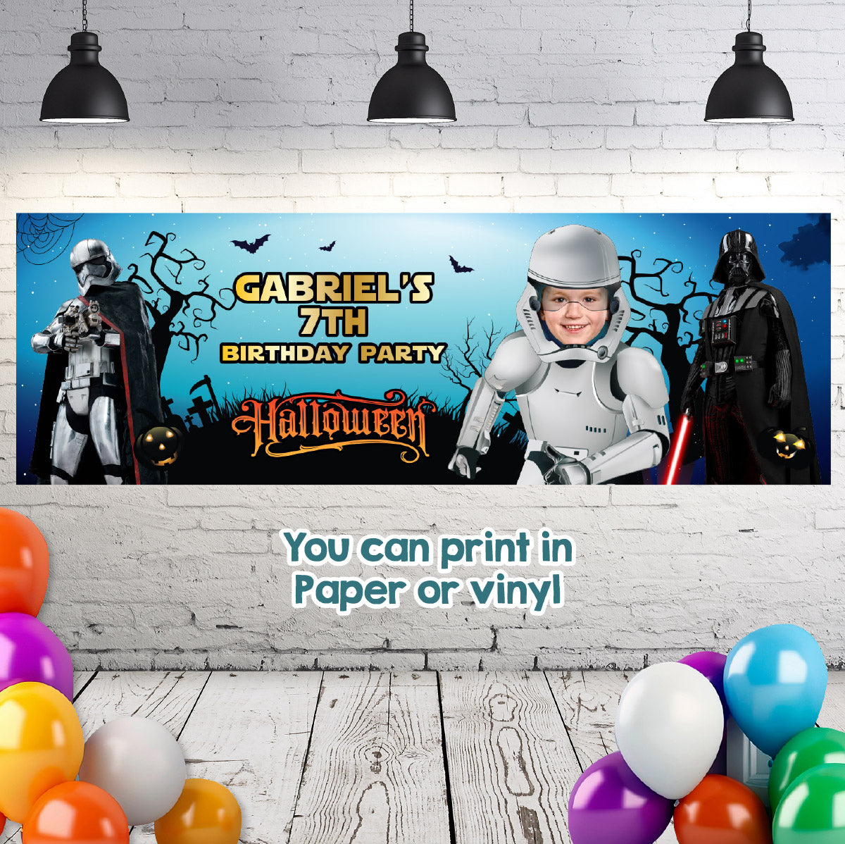 Personalized Stormtrooper Halloween Banner featuring Birthday Child as the Droid (Horizontal orientation). 2508BBH4