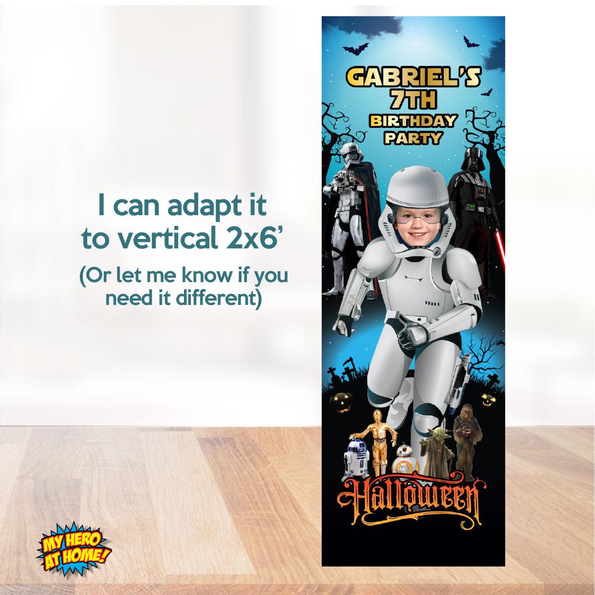 Personalized Stormtrooper Halloween Banner featuring Birthday Child as the Droid (Horizontal orientation). 2508BBH4