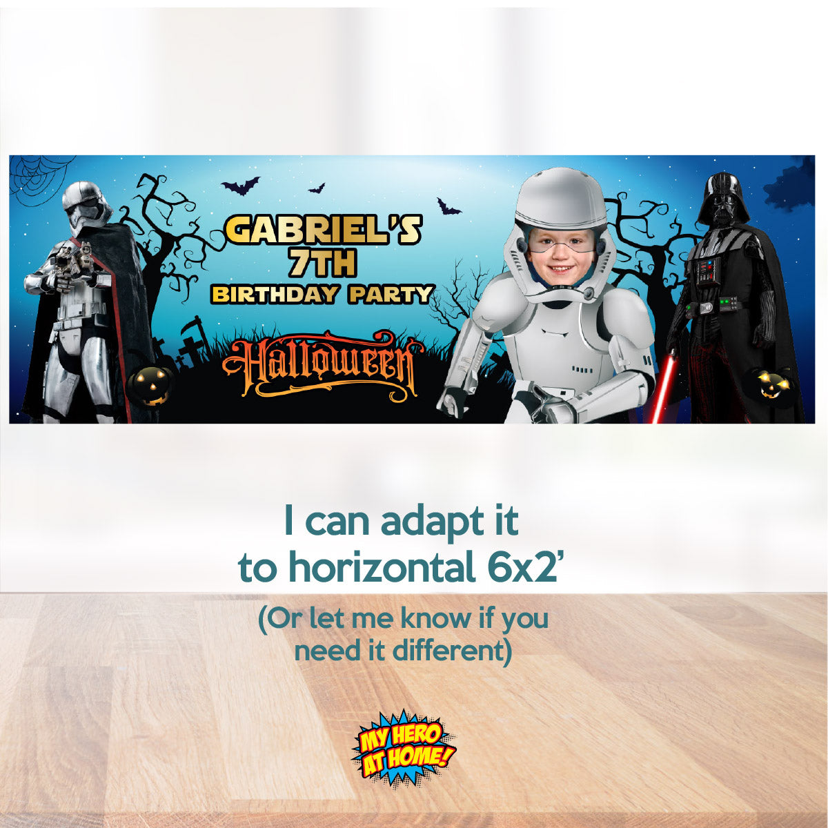 Stormtrooper Halloween Birthday Banner featuring child as the star (Vertical orientation). 2508BBV4