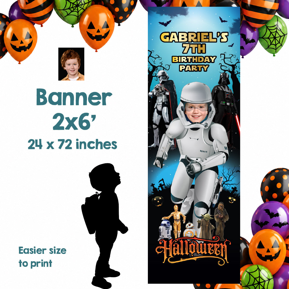 Stormtrooper Halloween Birthday Banner featuring child as the star (Vertical orientation). 2508BBV4