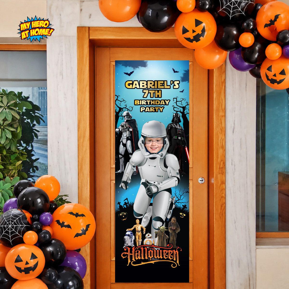 Stormtrooper Halloween Birthday Banner featuring child as the star (Vertical orientation). 2508BBV4