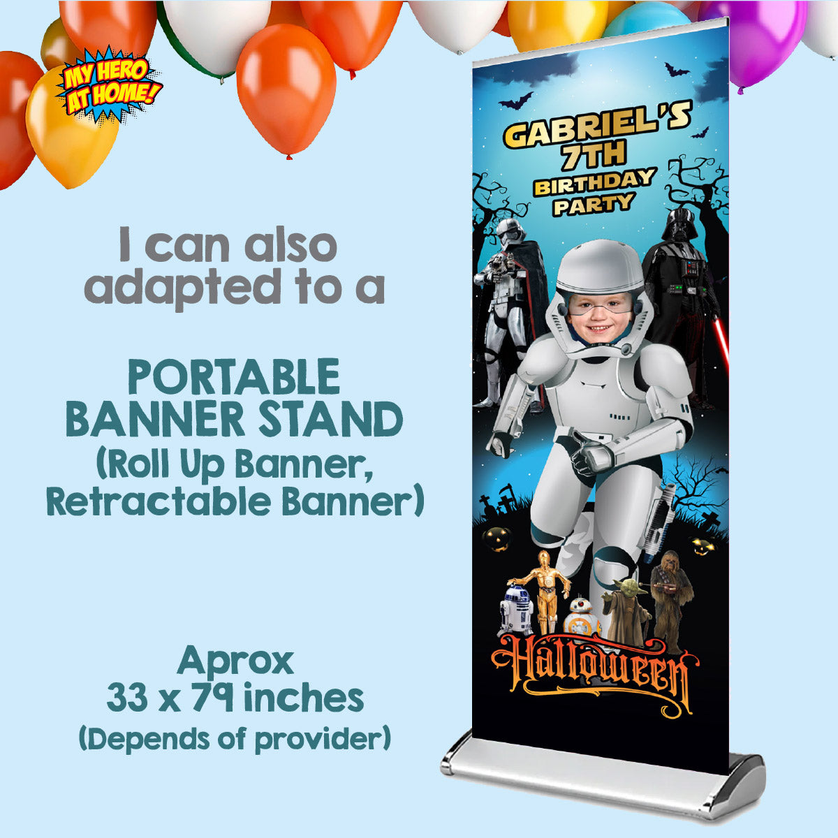 Stormtrooper Halloween Birthday Banner featuring child as the star (Vertical orientation). 2508BBV4