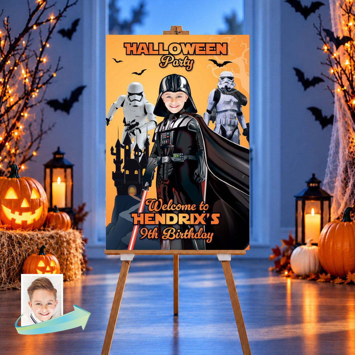 Personalized Darth Vader Halloween Welcome Sign with Kid as Vader with Stormtroopers. 2508WS2