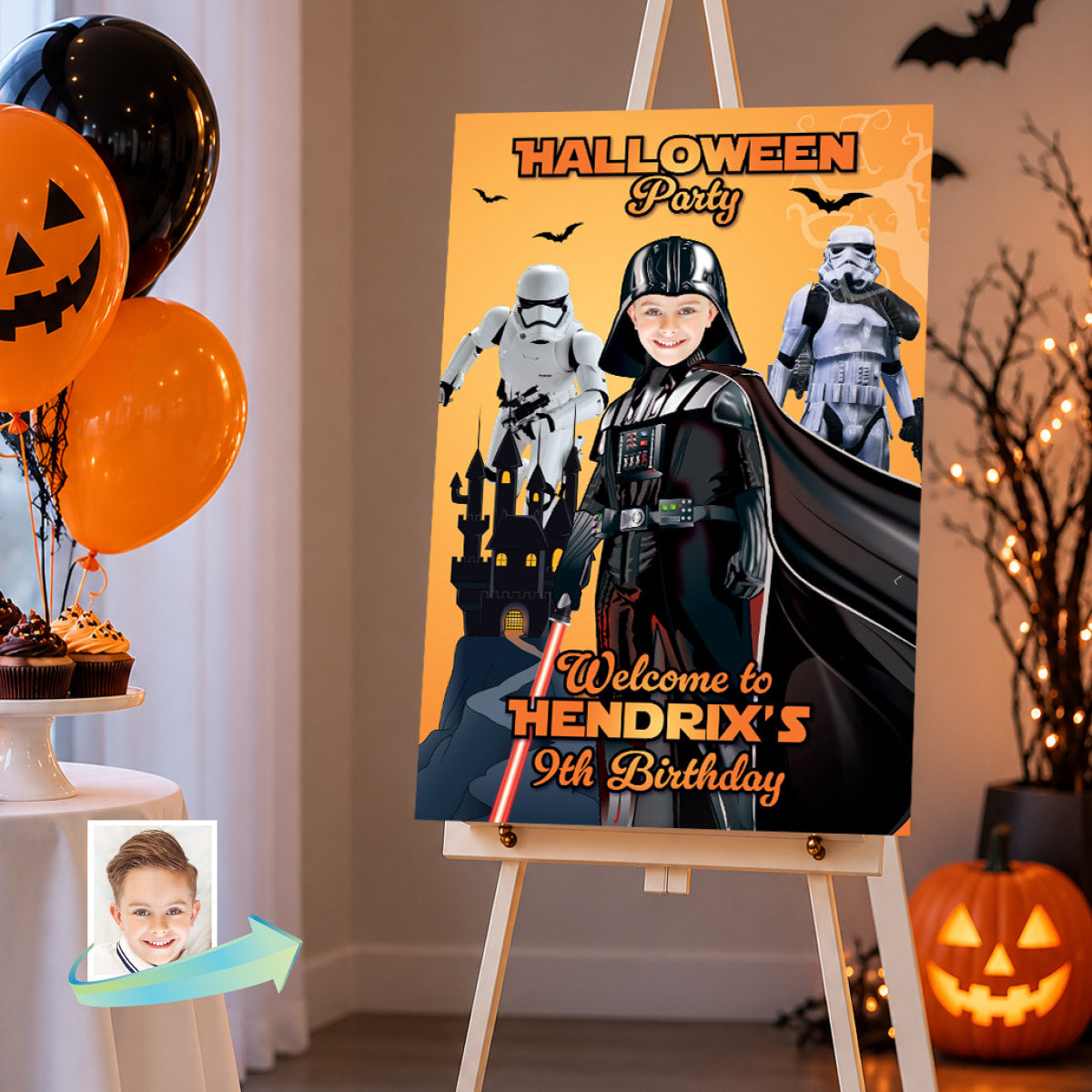 Personalized Darth Vader Halloween Welcome Sign with Kid as Vader with Stormtroopers. 2508WS2