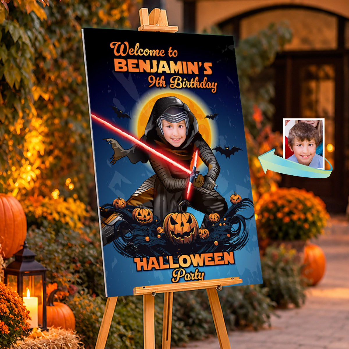 Personalized Kylo Ren Halloween Welcome Sign with Birthday Kid as Dark Side Star. 2508WS3