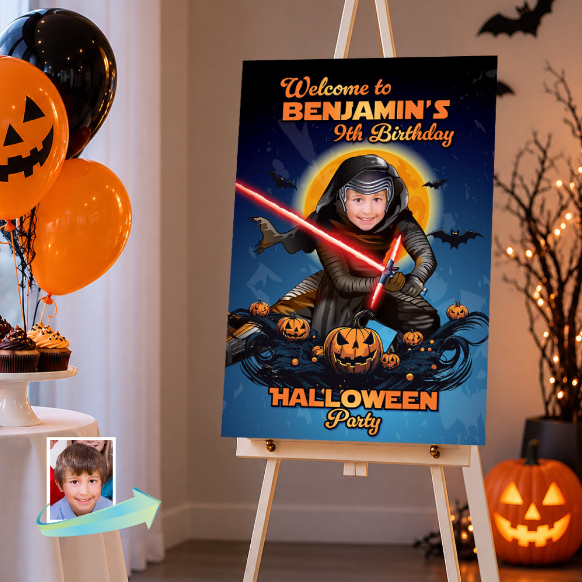 Personalized Kylo Ren Halloween Welcome Sign with Birthday Kid as Dark Side Star. 2508WS3