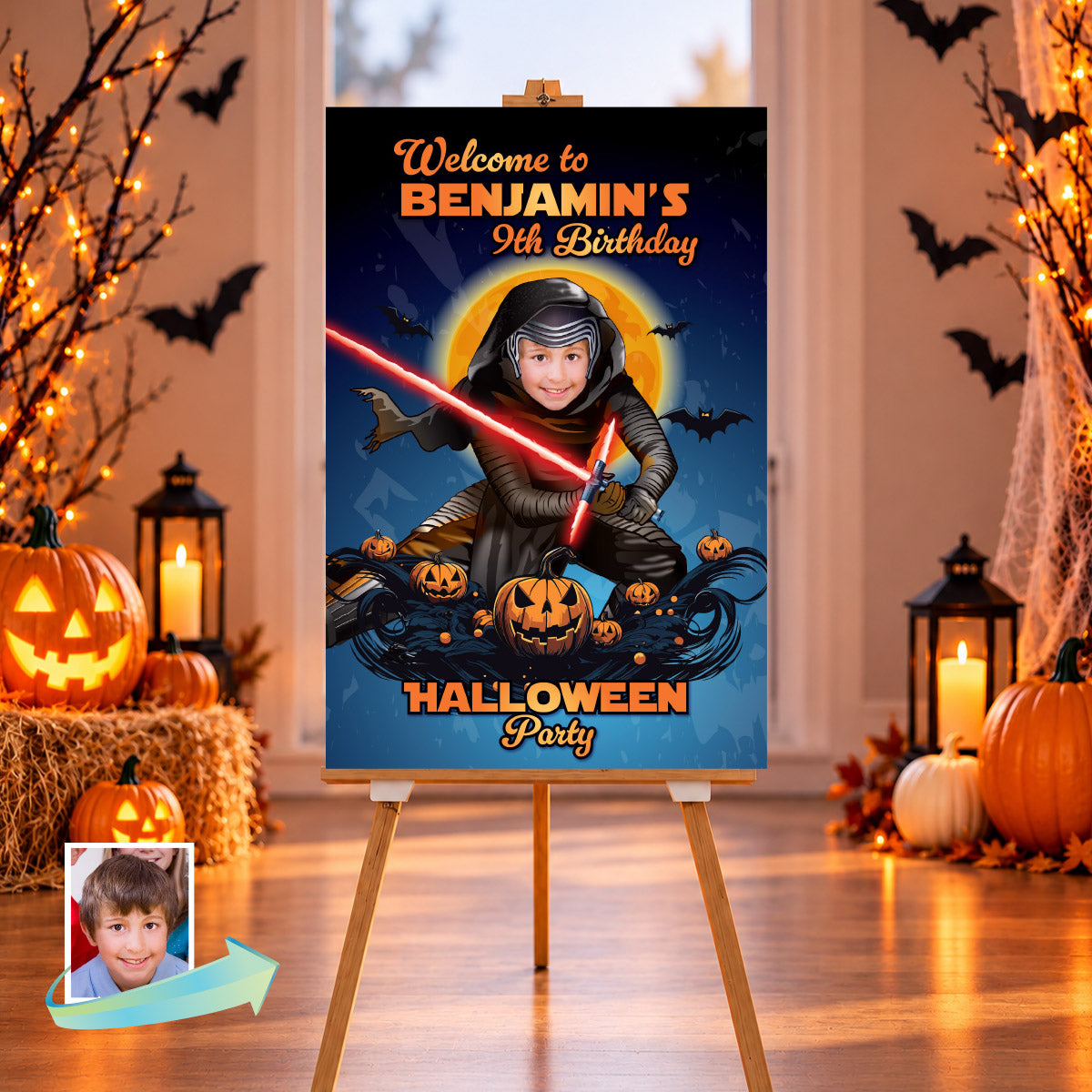 Personalized Kylo Ren Halloween Welcome Sign with Birthday Kid as Dark Side Star. 2508WS3