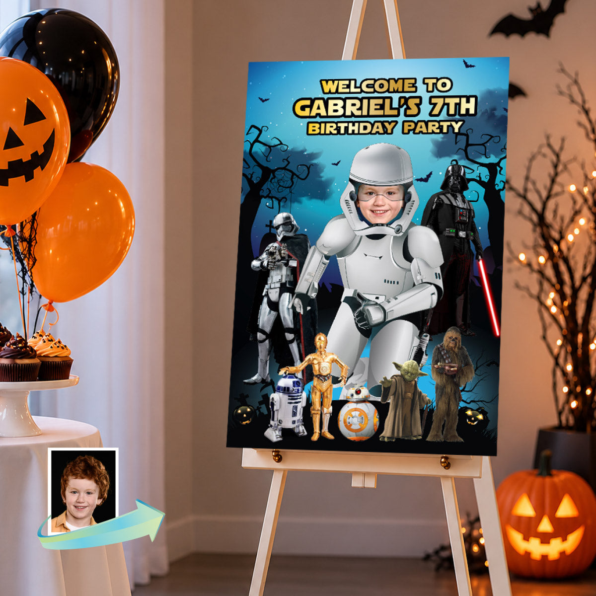 Custom Halloween Party Welcome Sign with Child as a Stormtrooper. 2508WS4