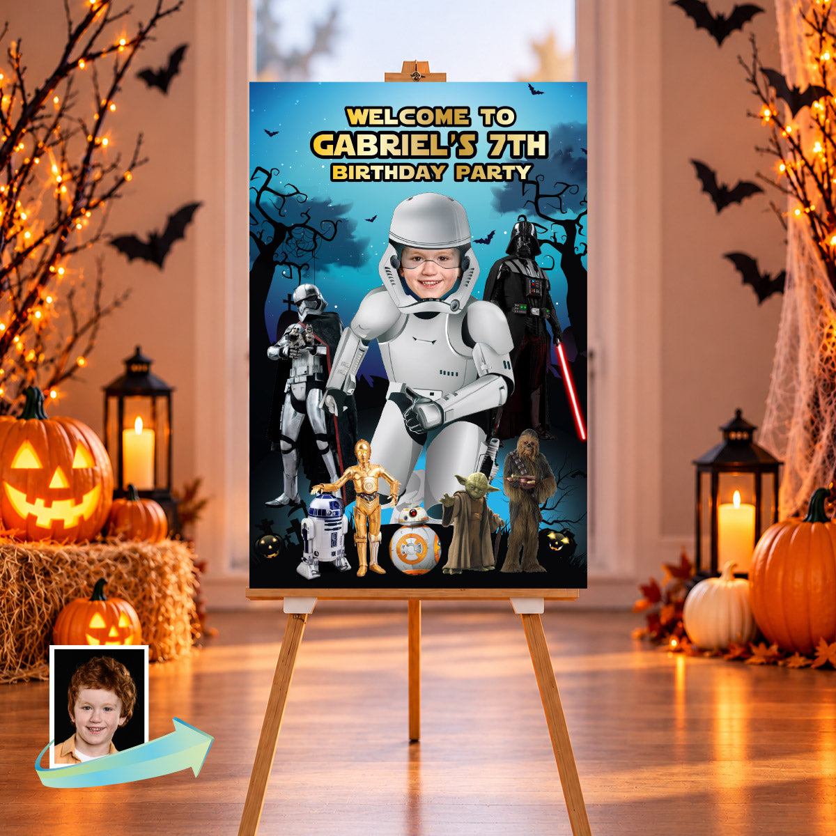 Custom Halloween Party Welcome Sign with Child as a Stormtrooper. 2508WS4