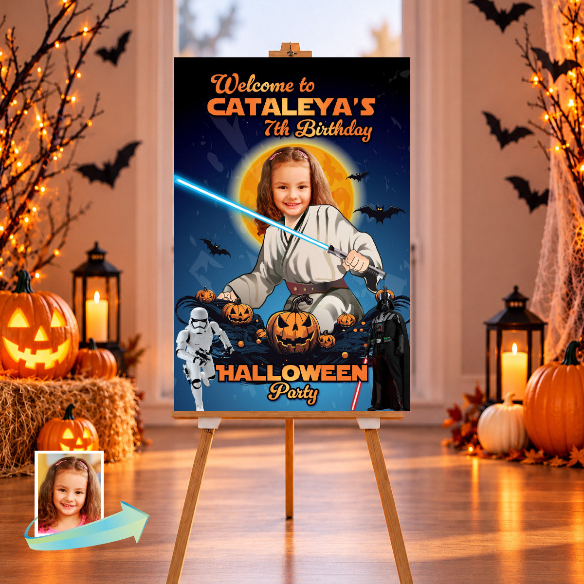 Jedi Birthday Welcome Sign with Girl or Boy as the Master Jedi Halloween Themed. 2508WS6