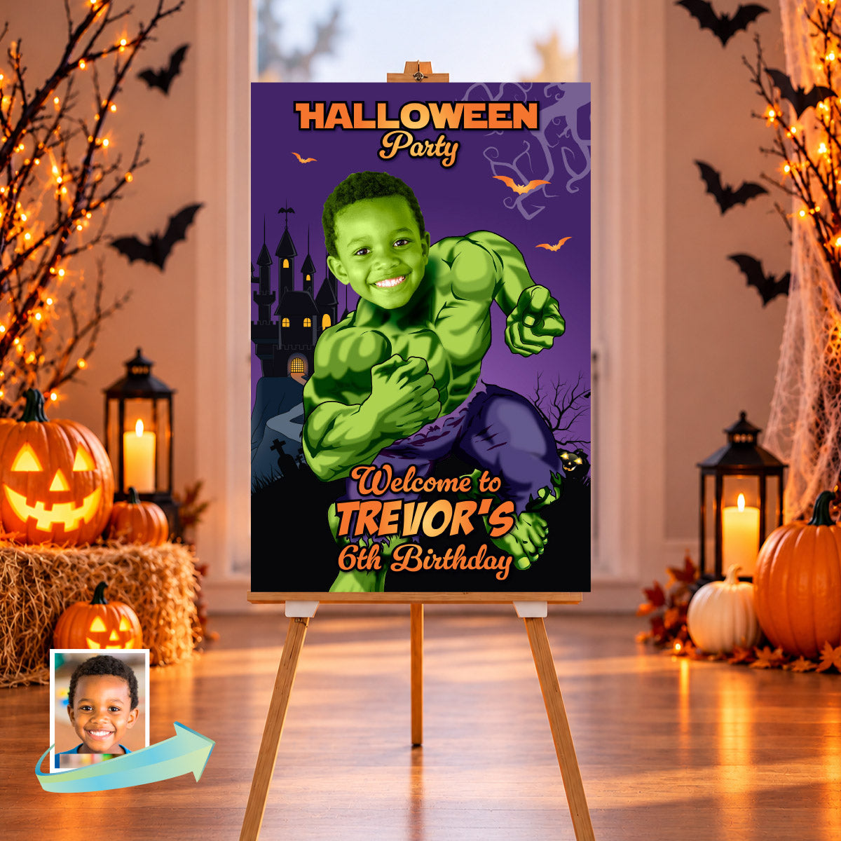 Personalized Hulk Halloween Welcome Sign with Kid as Hulk, Spooky Hulk Decor. 2509WS1