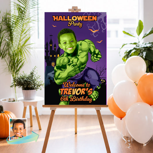 Personalized Hulk Halloween Welcome Sign with Kid as Hulk, Spooky Hulk Decor. 2509WS1
