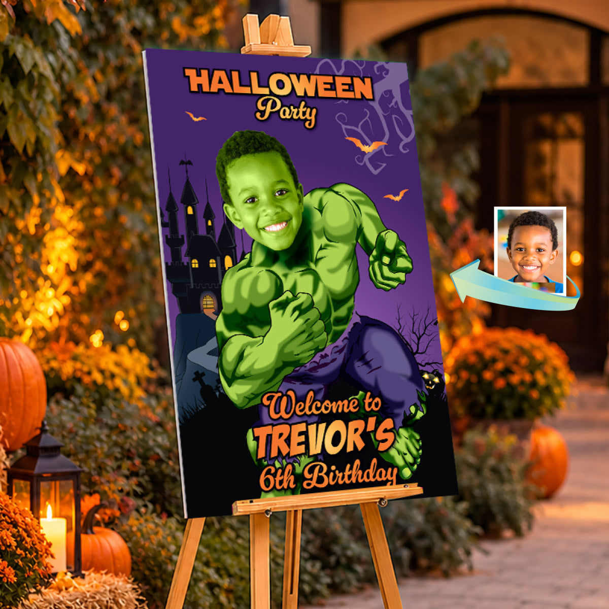 Personalized Hulk Halloween Welcome Sign with Kid as Hulk, Spooky Hulk Decor. 2509WS1