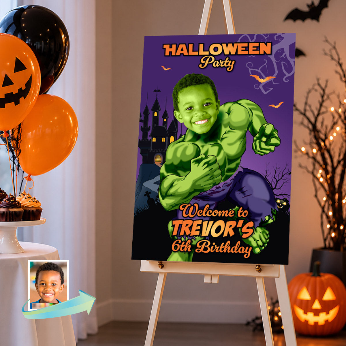Personalized Hulk Halloween Welcome Sign with Kid as Hulk, Spooky Hulk Decor. 2509WS1