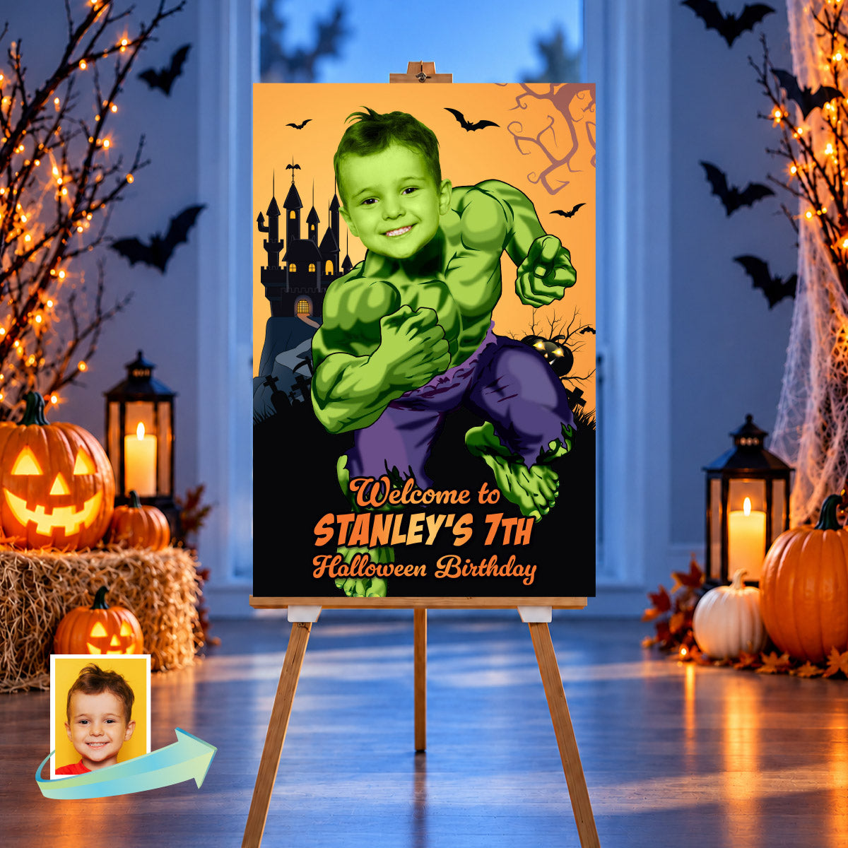 Hulk Halloween Birthday Welcome Sign Personalized Featuring Kid as Hulk. 2509WS2