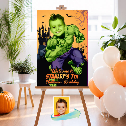 Hulk Halloween Birthday Welcome Sign Personalized Featuring Kid as Hulk. 2509WS2