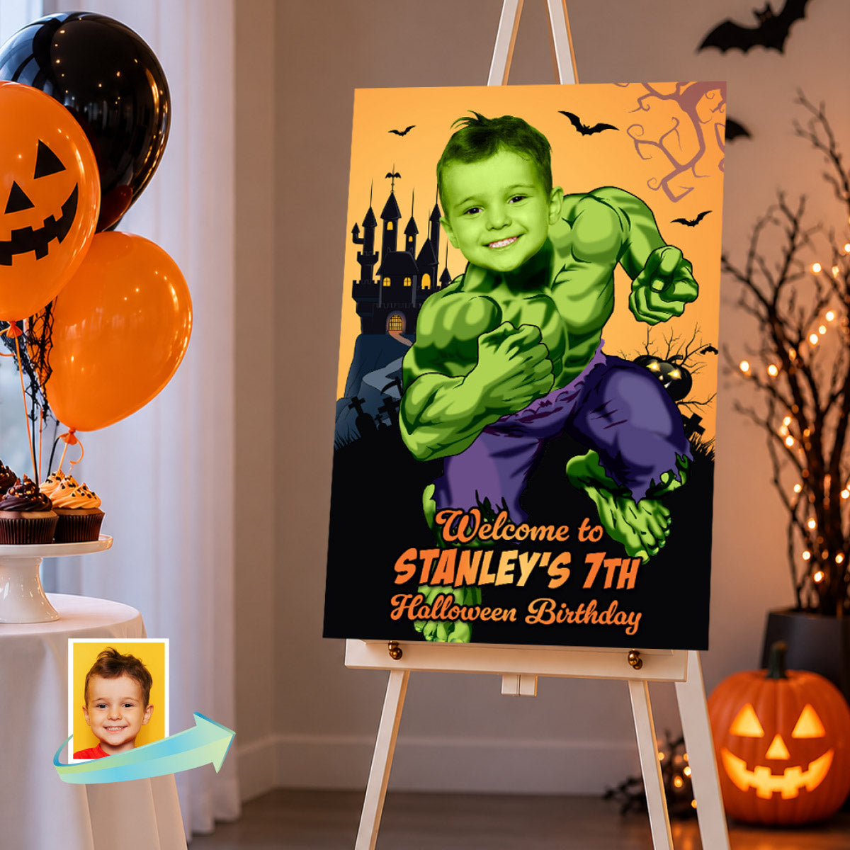 Hulk Halloween Birthday Welcome Sign Personalized Featuring Kid as Hulk. 2509WS2