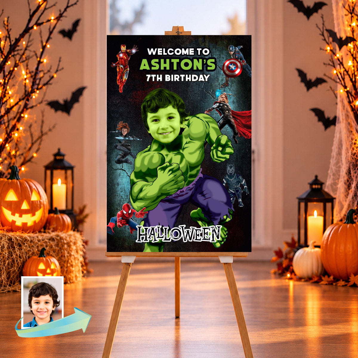 Personalized Hulk Avengers Halloween Welcome Sign with Birthday Child as Hulk. 2509WS3