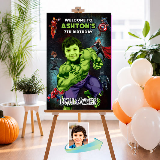 Personalized Hulk Avengers Halloween Welcome Sign with Birthday Child as Hulk. 2509WS3