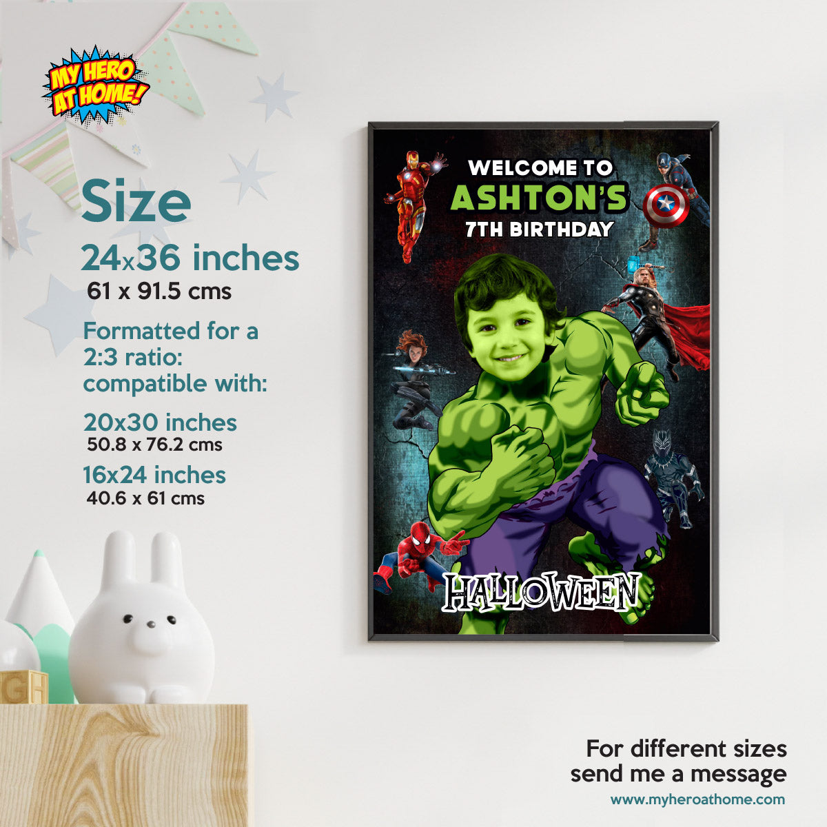 Personalized Hulk Avengers Halloween Welcome Sign with Birthday Child as Hulk. 2509WS3
