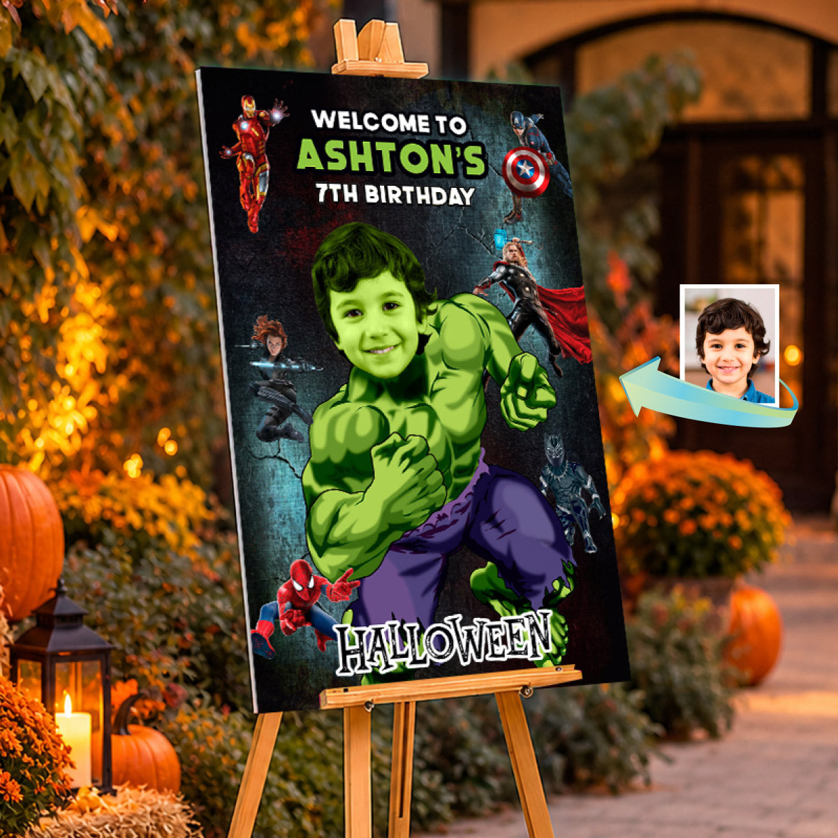 Personalized Hulk Avengers Halloween Welcome Sign with Birthday Child as Hulk. 2509WS3