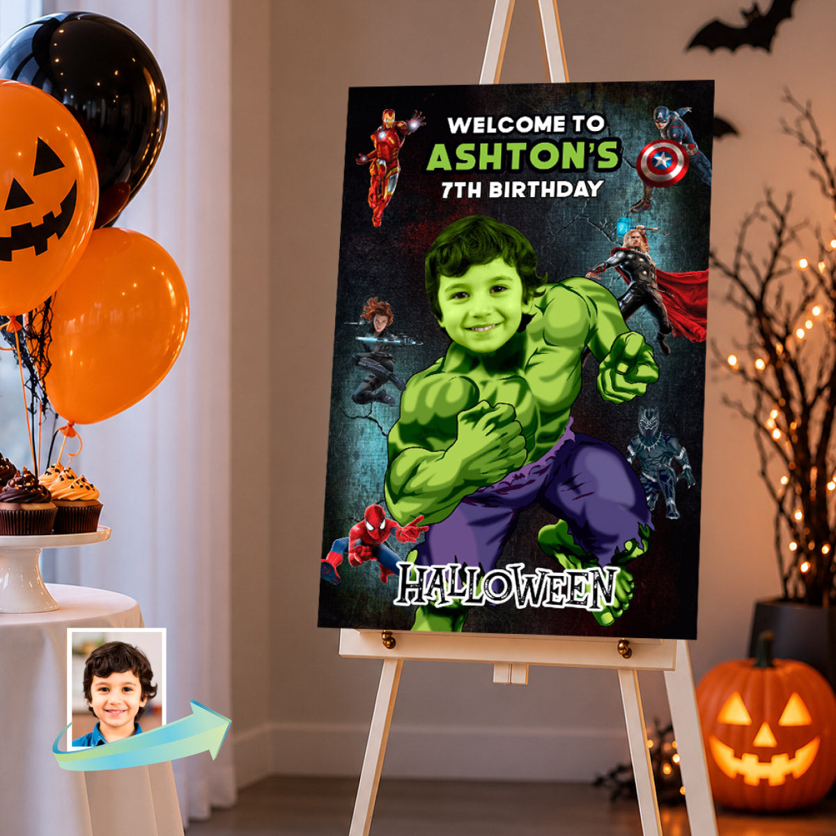 Personalized Hulk Avengers Halloween Welcome Sign with Birthday Child as Hulk. 2509WS3