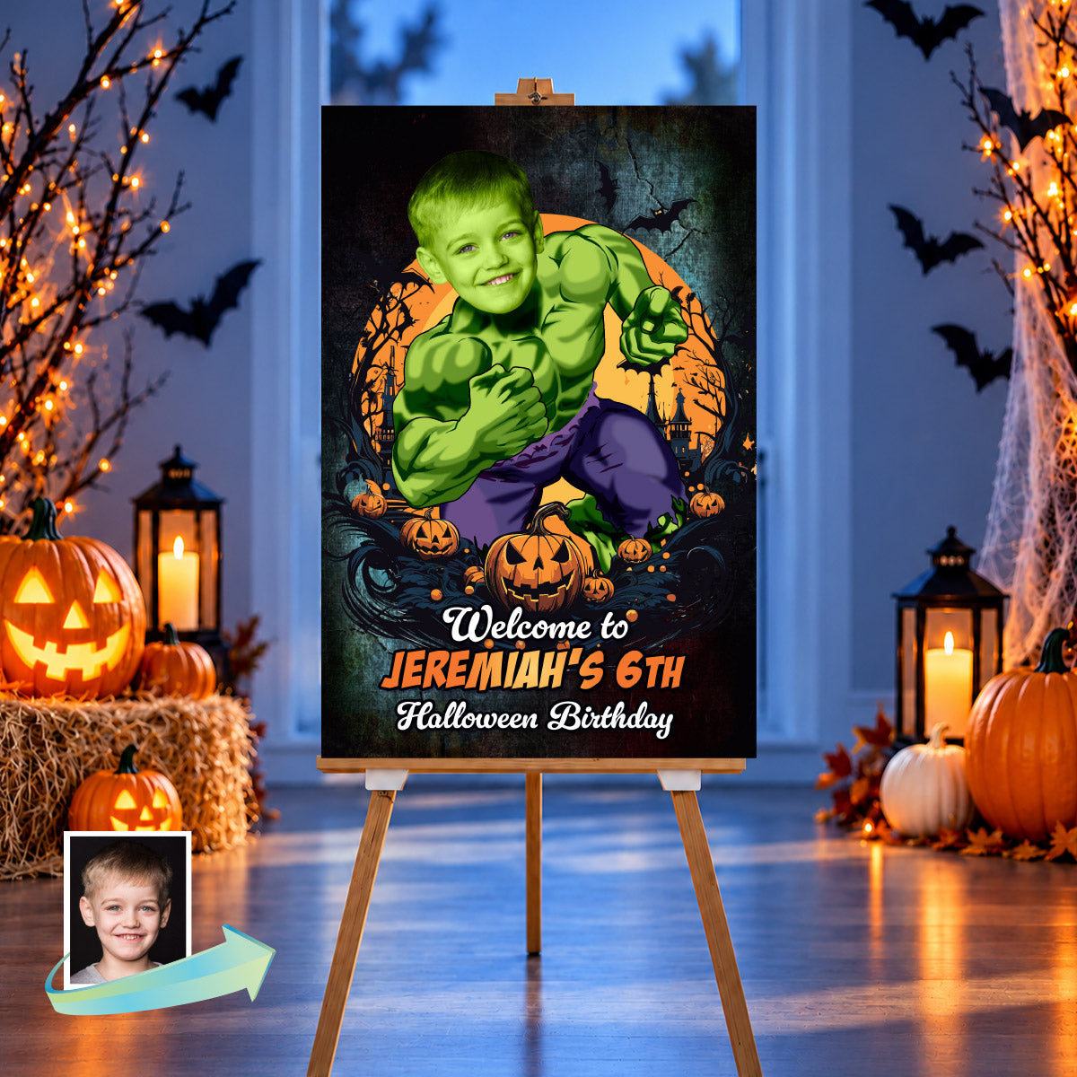 Kid as Hulk Halloween Welcome Sign, Personalized Avenger Party Sign with Photo. 2509WS4