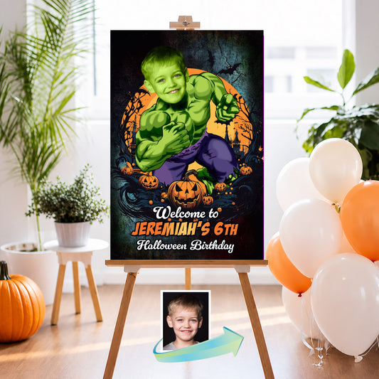 Kid as Hulk Halloween Welcome Sign, Personalized Avenger Party Sign with Photo. 2509WS4