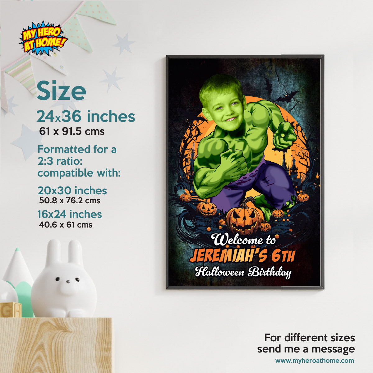 Kid as Hulk Halloween Welcome Sign, Personalized Avenger Party Sign with Photo. 2509WS4