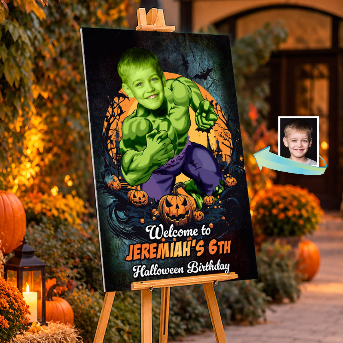 Kid as Hulk Halloween Welcome Sign, Personalized Avenger Party Sign with Photo. 2509WS4