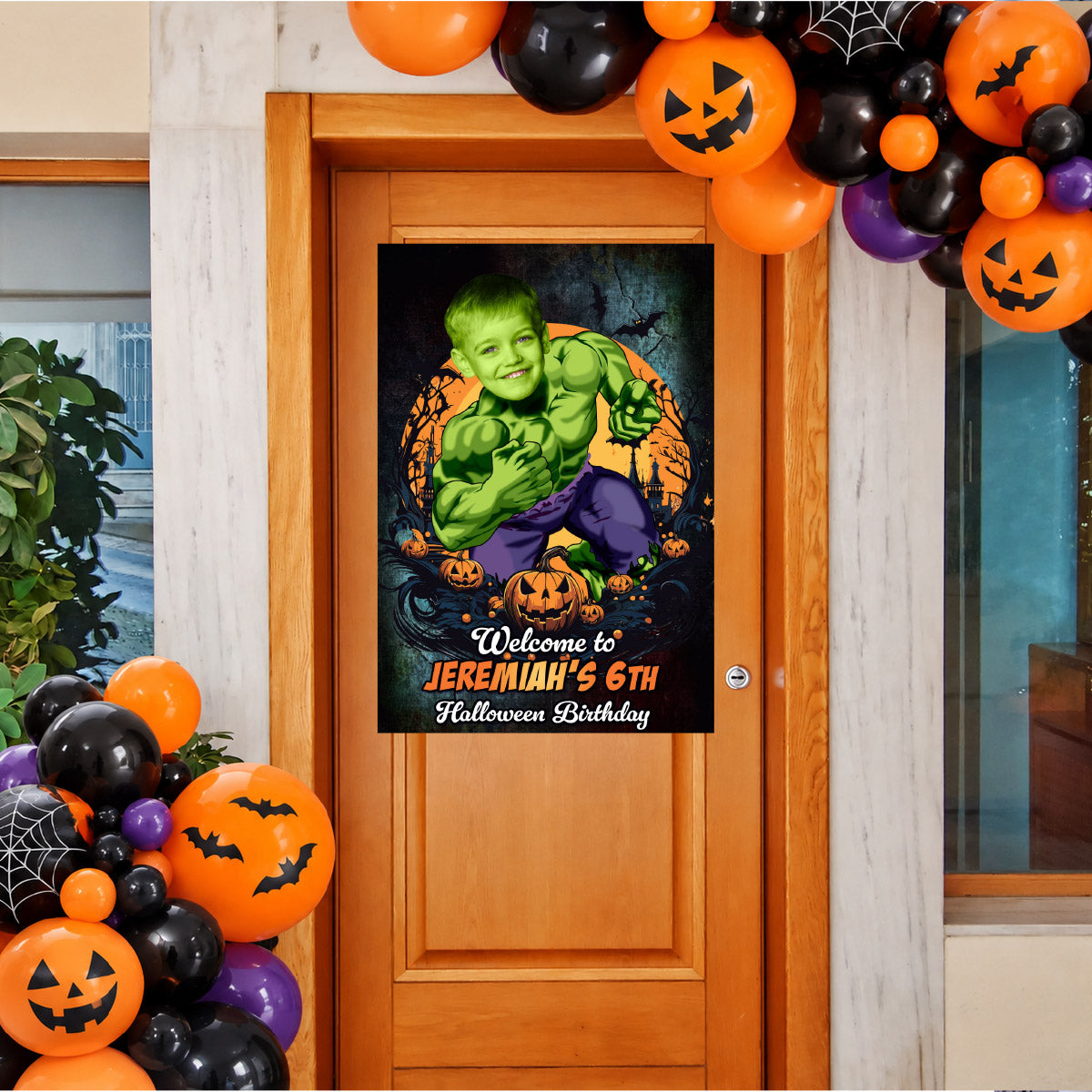 Kid as Hulk Halloween Welcome Sign, Personalized Avenger Party Sign with Photo. 2509WS4