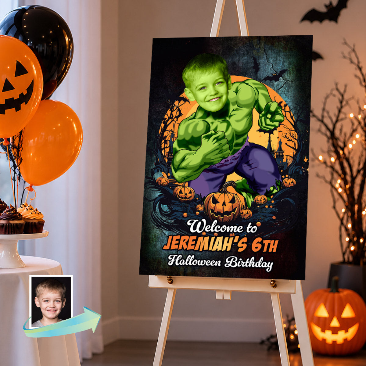 Kid as Hulk Halloween Welcome Sign, Personalized Avenger Party Sign with Photo. 2509WS4