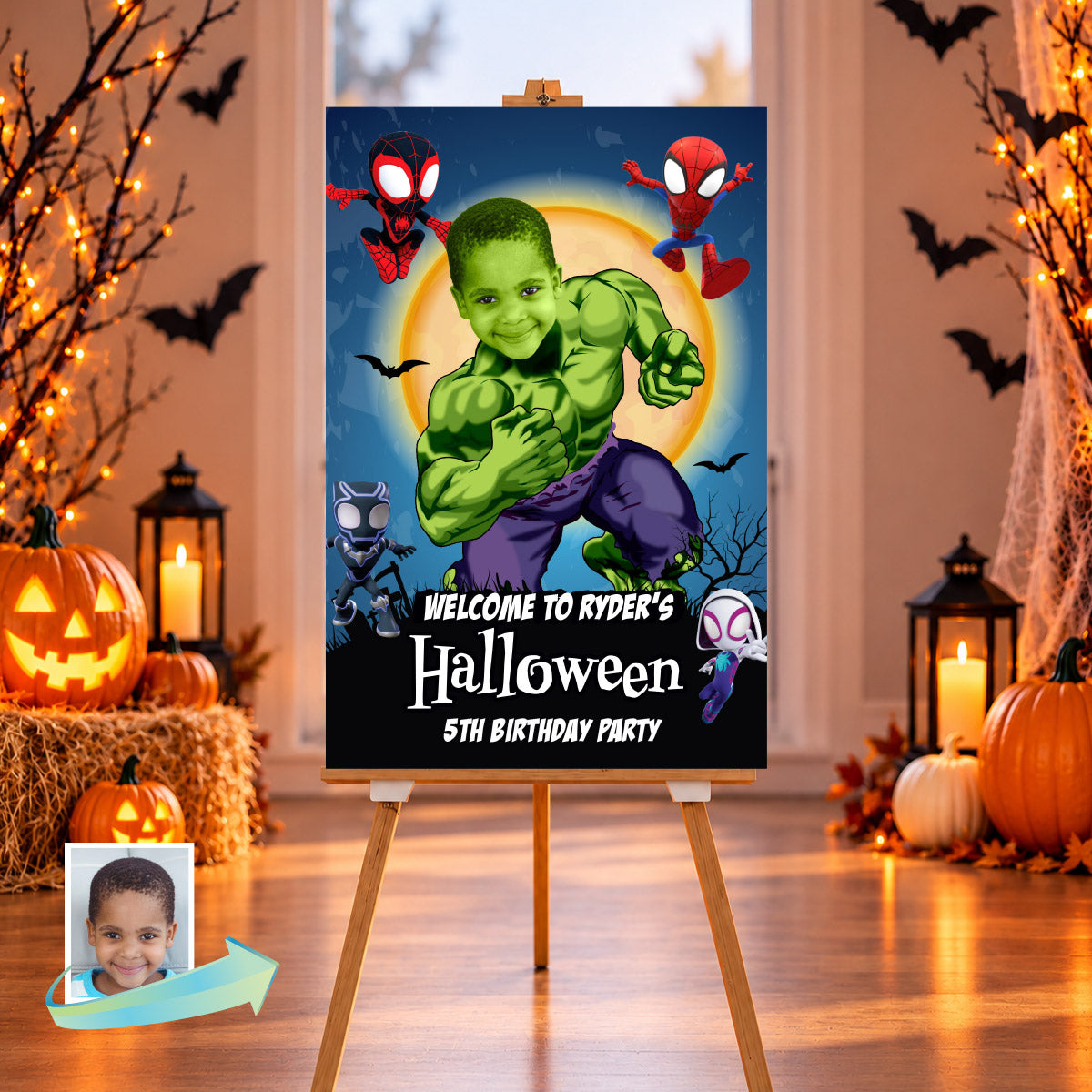Hulk and Spidey Friends Halloween Welcome Sign with Kid as the main Star. 2509WS5
