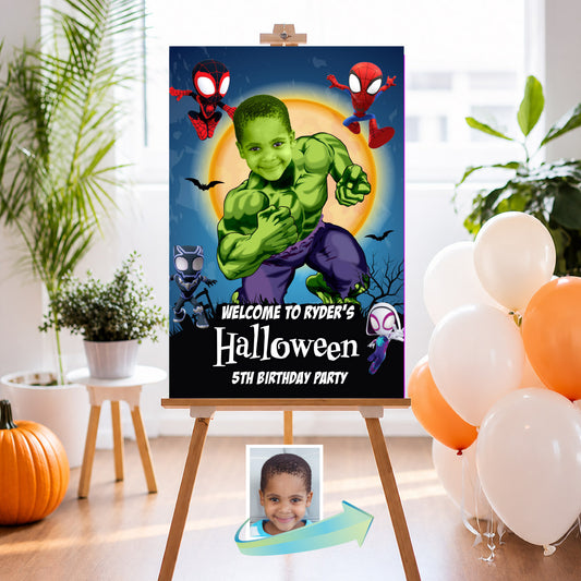 Hulk and Spidey Friends Halloween Welcome Sign with Kid as the main Star. 2509WS5