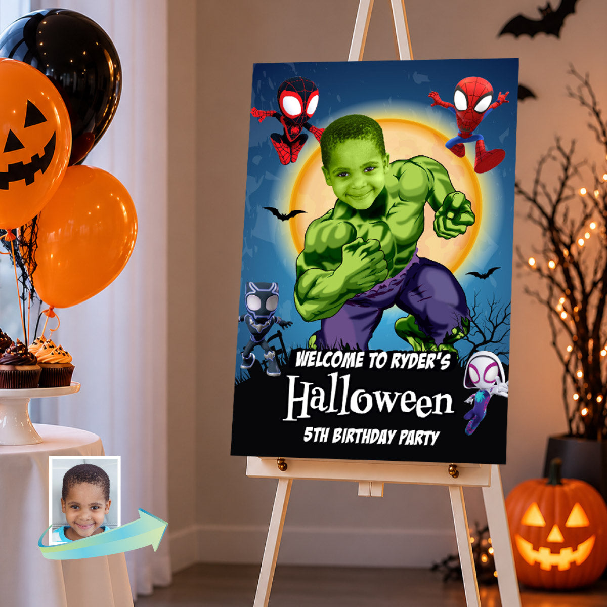 Hulk and Spidey Friends Halloween Welcome Sign with Kid as the main Star. 2509WS5