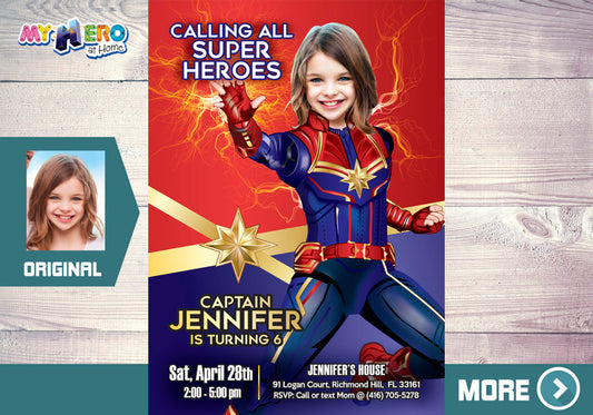 Custom Captain Marvel Birthday Invitation Featuring Girl as the Avenger. 288IN
