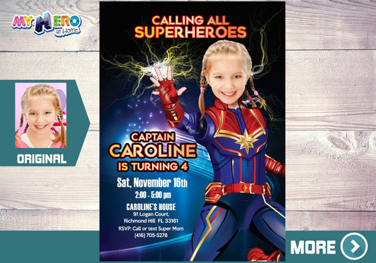 Personalized Captain Marvel Birthday Party Invitation with Little Girl as the Star. 289