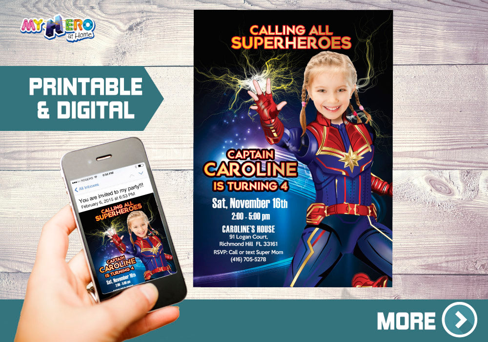 Personalized Captain Marvel Birthday Party Invitation with Little Girl as the Star. 289