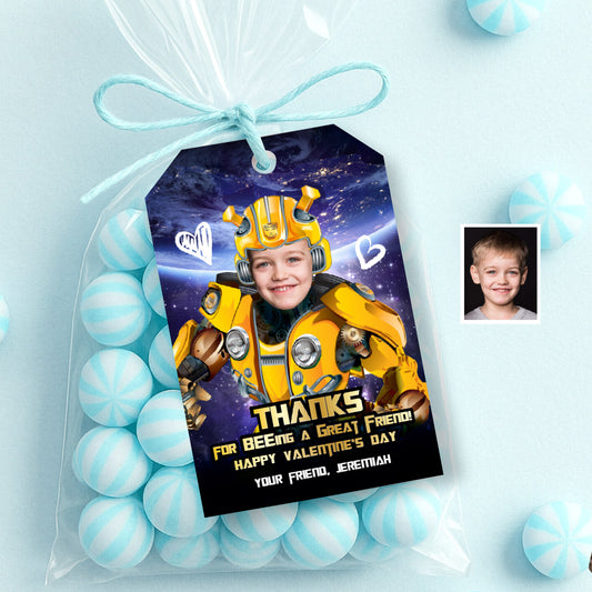 Personalized Transformers Happy Valentines tags with child as Bumblebee. 291VL2