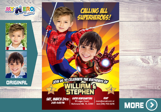 Iron Man and Spiderman Birthday Invitation Featuring kids as Ironman & Spidey . 295