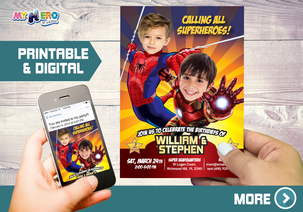 Iron Man and Spiderman Birthday Invitation Featuring kids as Ironman & Spidey . 295