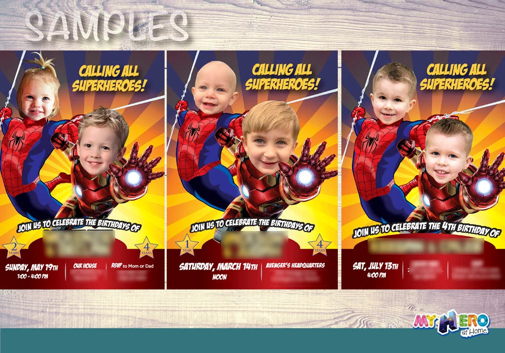 Iron Man and Spiderman Birthday Invitation Featuring kids as Ironman & Spidey . 295