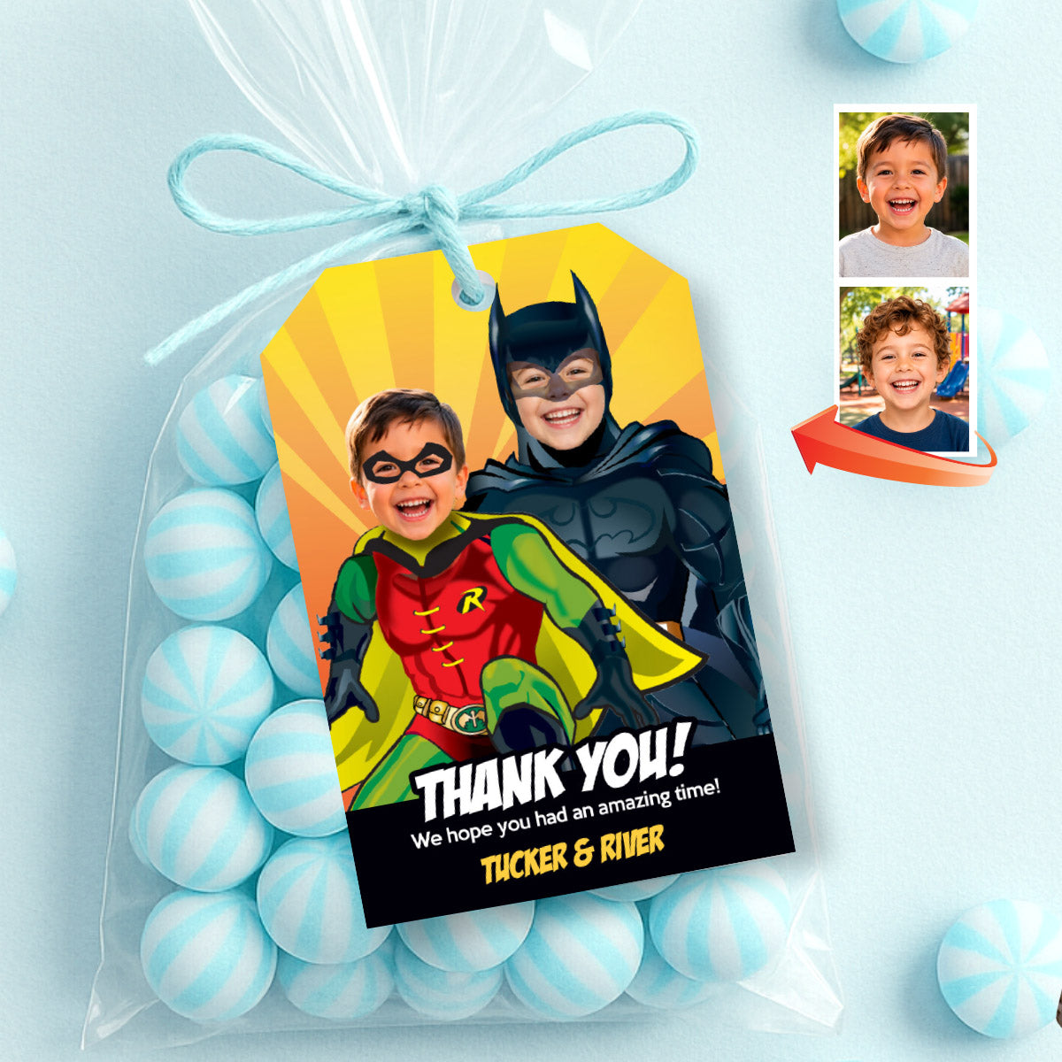 Personalized Batman and Robin Birthday Thank You Tags with Kids as the Dynamic Duo. 296TY