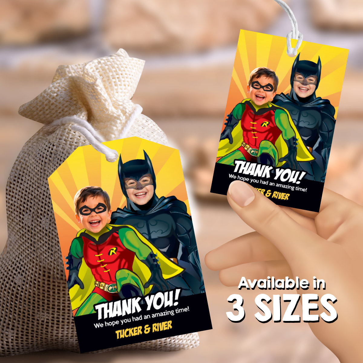 Personalized Batman and Robin Birthday Thank You Tags with Kids as the Dynamic Duo. 296TY