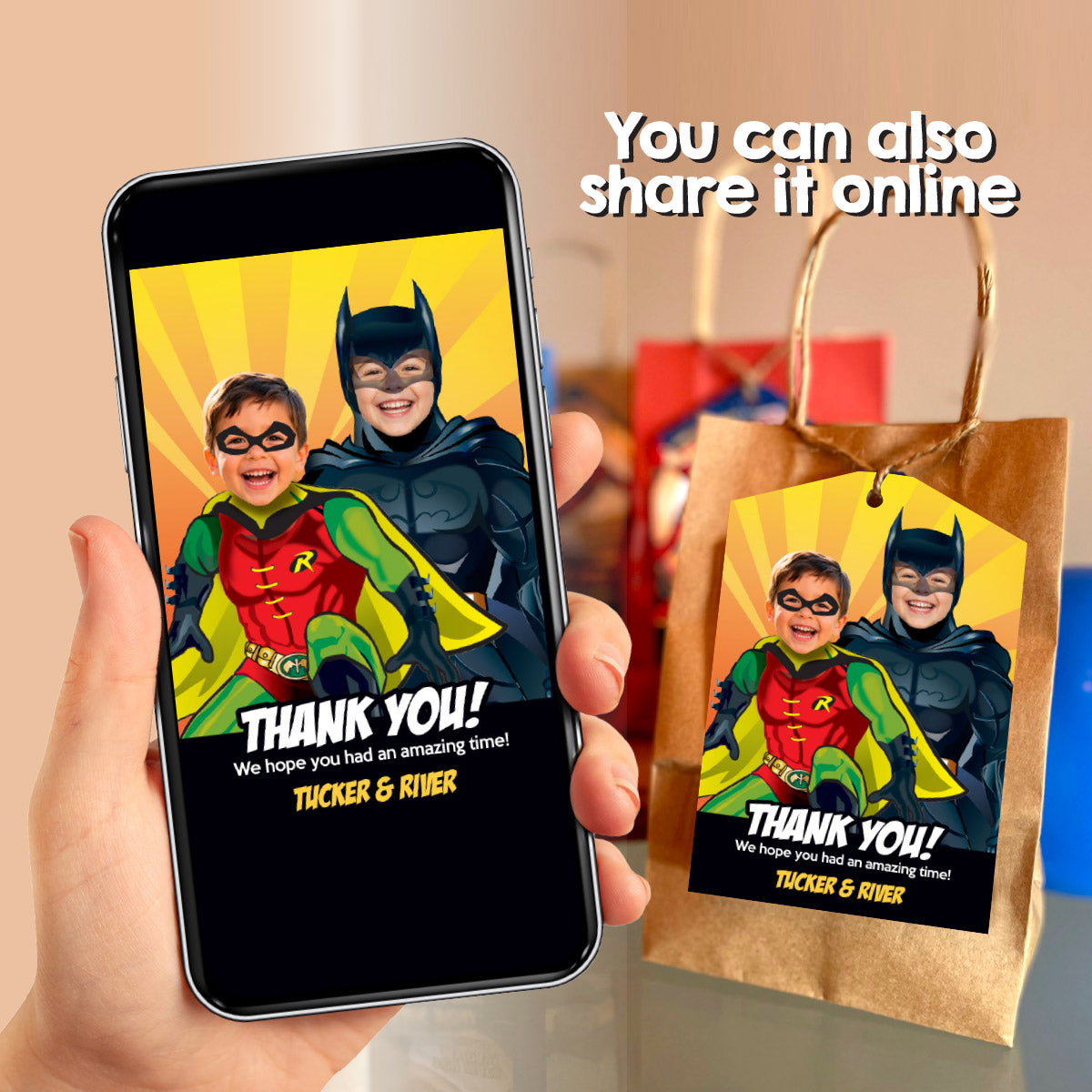 Personalized Batman and Robin Birthday Thank You Tags with Kids as the Dynamic Duo. 296TY