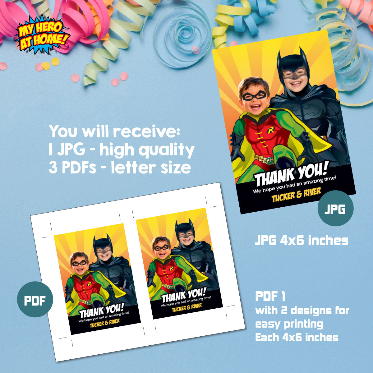 Personalized Batman and Robin Birthday Thank You Tags with Kids as the Dynamic Duo. 296TY