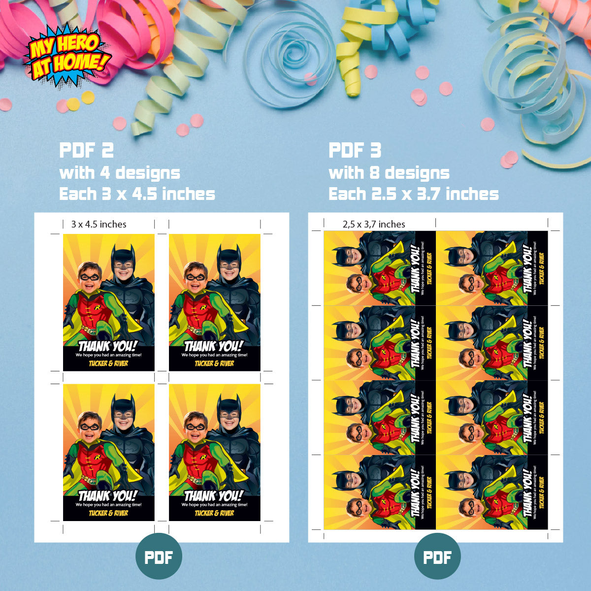Personalized Batman and Robin Birthday Thank You Tags with Kids as the Dynamic Duo. 296TY
