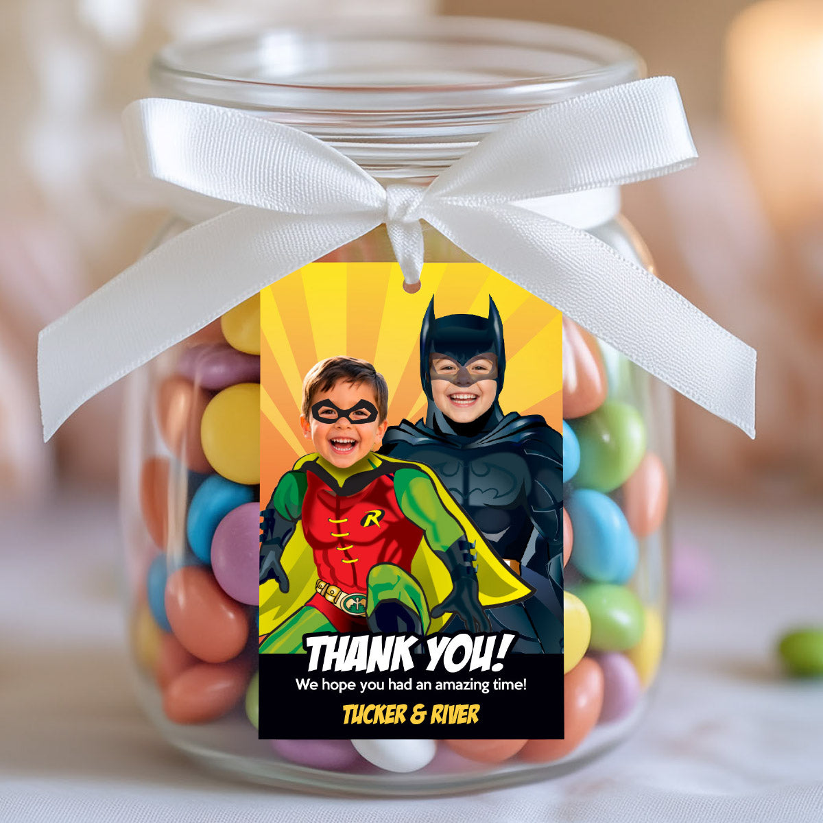 Personalized Batman and Robin Birthday Thank You Tags with Kids as the Dynamic Duo. 296TY